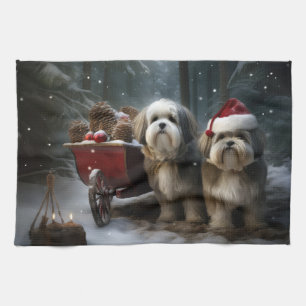Malti tzu Snowy Sleigh Christmas Decor Tea Towel