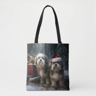 Malti tzu Snowy Sleigh Christmas Decor Tote Bag