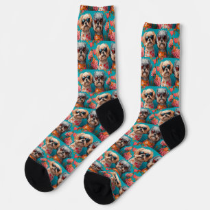Malti Tzu with Heart Roses Valentine's Day  Socks