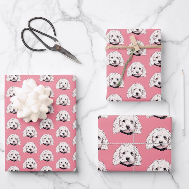 Maltipoo Dog White Pink Print Wrapping Paper Set (Front)
