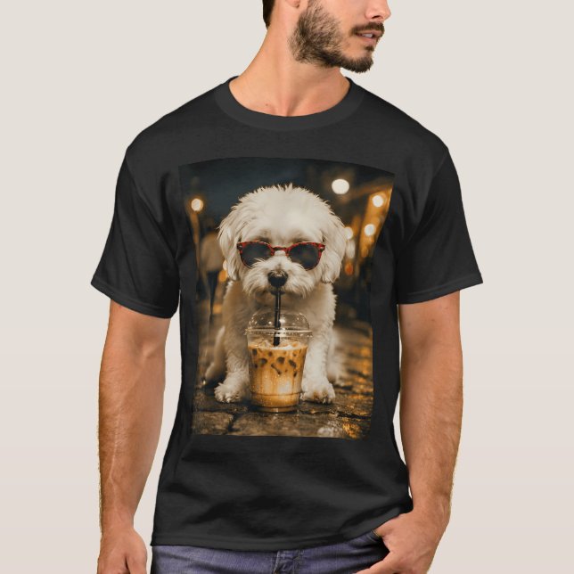 Maltipoo Drinking Iced Coffee Funny T-Shirt (Front)