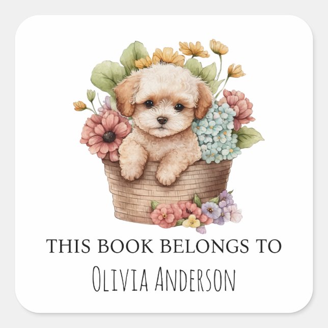 Maltipoo Puppy in Flower Basket This Book Belongs Square Sticker (Front)