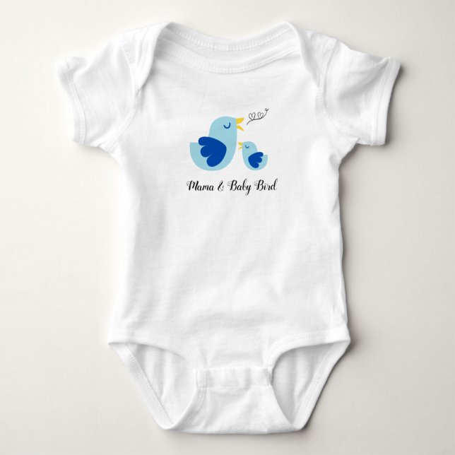 Mama and Baby Bird Singing, Cute Blue Feather Bird Bodysuit (Front)