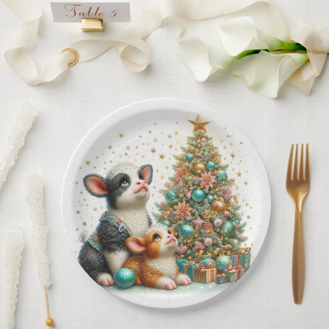 Mama and Baby Cow Pastel Christmas Paper Plate (Wedding)