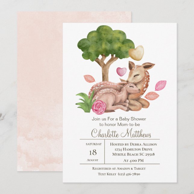 Mama and Baby Deer Forrest Animals Baby Shower  In Invitation (Front/Back)