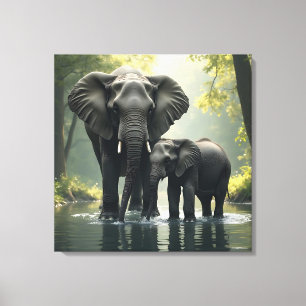 Mama and Baby Elephant in African-Rainforest Canvas Print