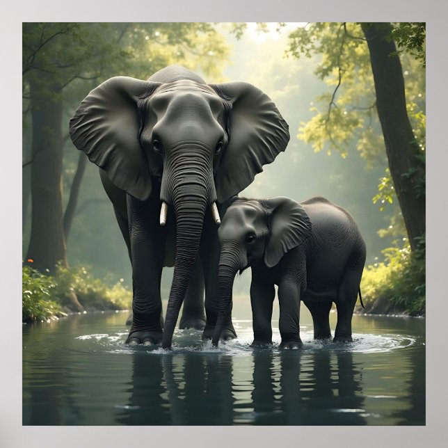 Mama and Baby Elephant in African-Rainforest Poster (Front)