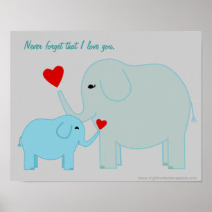 Mama and Baby Elephant in Blues Poster