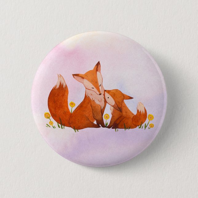 Mama and baby fox  6 cm round badge (Front)