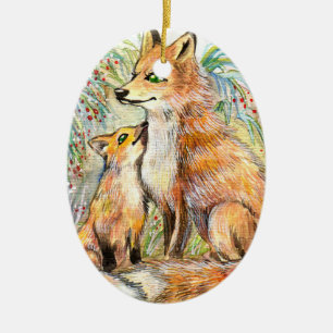 Mama And Baby Fox Ceramic Tree Decoration