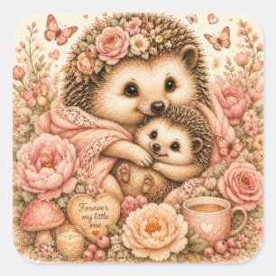 Mama and Baby Hedgehog Cosy Floral Square Sticker