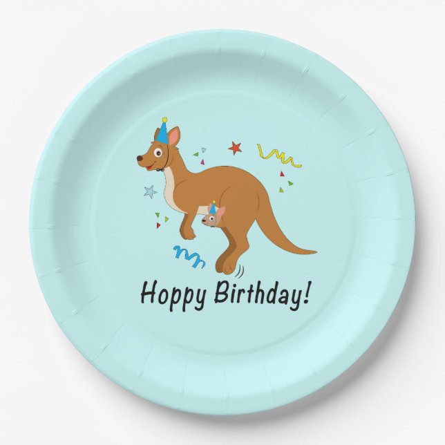 Mama and Baby Kangaroo in Birthday Hats Paper Plate (Front)
