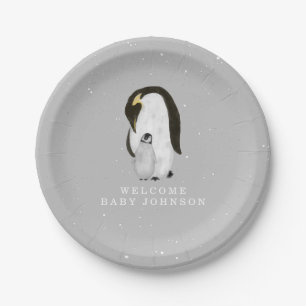 Mama and Baby Penguins Neutral Gray Baby Shower Paper Plate
