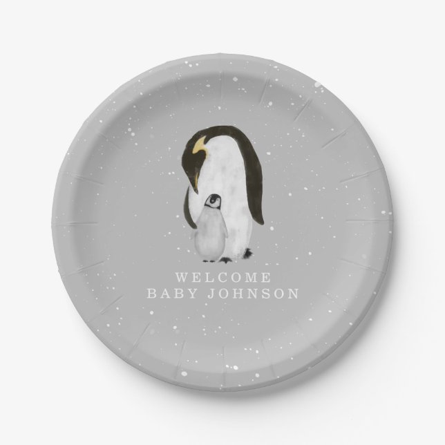Mama and Baby Penguins Neutral Grey Baby Shower Paper Plate (Front)