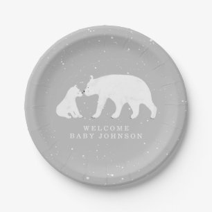 Mama and Baby Polar Bear Grey Winter Baby Shower Paper Plate