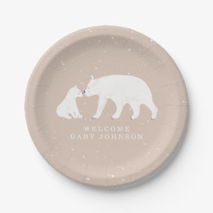 Mama and Baby Polar Bear Pink Winter Baby Shower Paper Plate