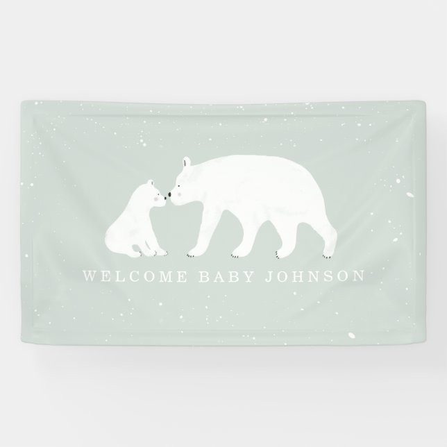 Mama and Baby Polar Bear Snow Blue Baby Shower Banner (Horizontal)