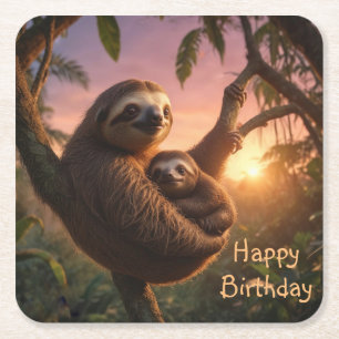 Mama and Baby Sloth Square Paper Coaster