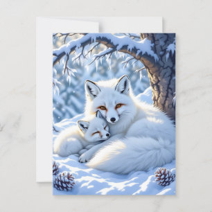 Mama and Baby White Foxes in the Snow Postcard