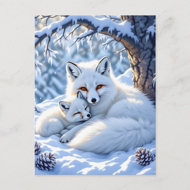 Mama and Baby White Foxes in the Snow Postcard (Front)