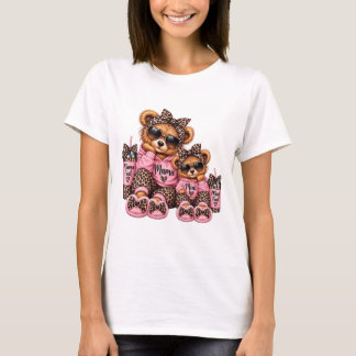 Mama and Mini Leopard Print Teddy Bear Matching  T-Shirt