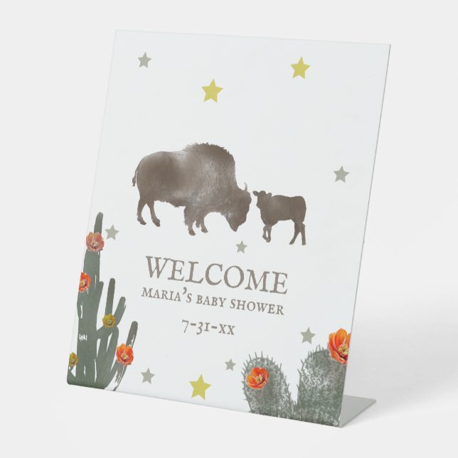 Mama Baby Buffalo Cactus Girl Baby Shower Welcome Pedestal Sign (Front)