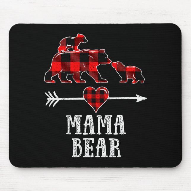 Mama Bear 2 Cubs Shirt, Christmas Mama Bear Plaid  Mouse Pad (Front)
