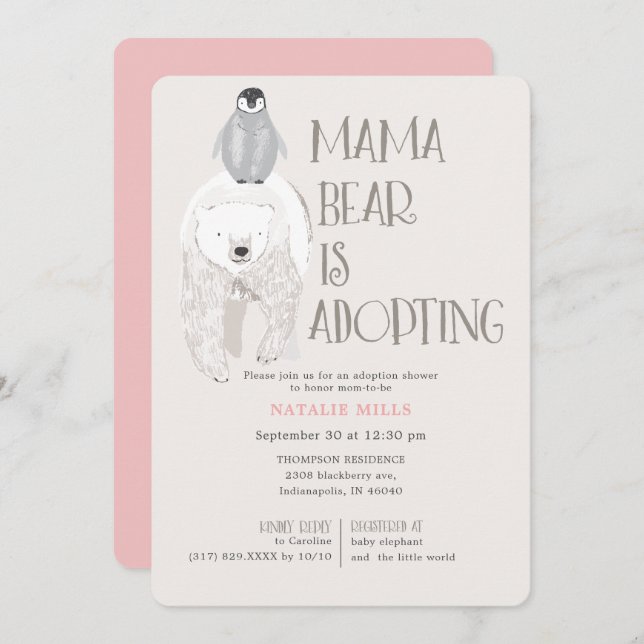 Mama Bear Adoption Pink Girl Baby Shower Invitation (Front/Back)