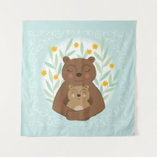Mama Bear and Baby Bear on Aqua Blue Tapestry