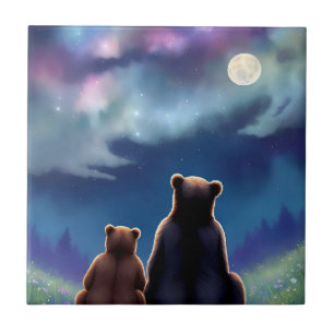 Mama Bear & Baby Cub Bears at Night Ceramic Tile