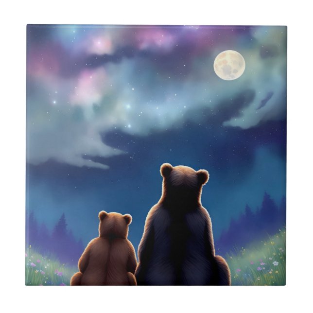 Mama Bear & Baby Cub Bears at Night Ceramic Tile (Front)
