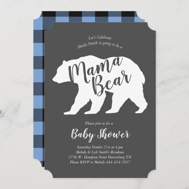 Mama Bear Baby Shower Blue Plaid Boy Invitation (Front/Back)