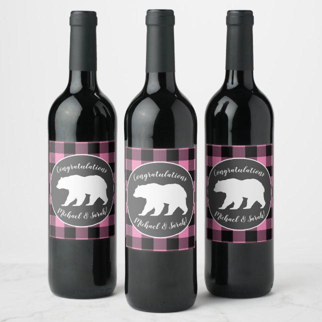 Mama Bear Baby Shower Woodland Lodge Girl Pink Wine Label (Bottles)