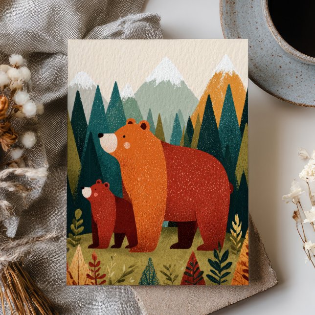 Mama Bear& Cub Cartoon Mountain Forest Landscape Postcard (Creator Uploaded)