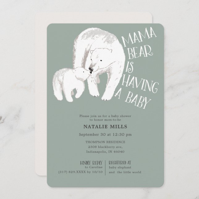 Mama Bear Green Neutral Baby Shower Invitation (Front/Back)