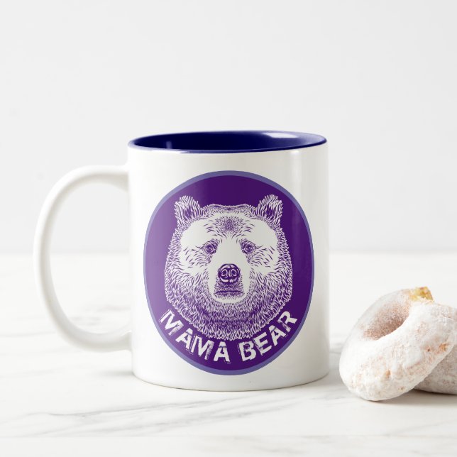 Mama Bear, Hand Drawn Illustration Two-Tone Coffee Mug (With Donut)