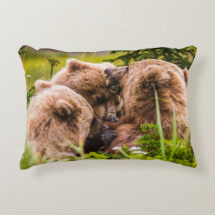 Mama bear nursing her two cubs, Lake Clark Nationa Decorative Cushion
