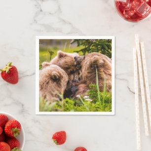 Mama bear nursing her two cubs, Lake Clark Nationa Napkin