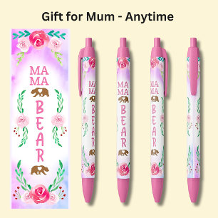 MAMA BEAR Pink Flowers Black Ink Pen