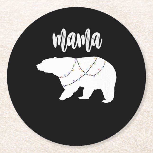 Mama Bear Polar Bear String Of Lights Christmas Round Paper Coaster (Front)