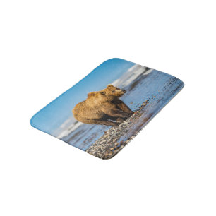 Mama bear watching her two kids bath mat