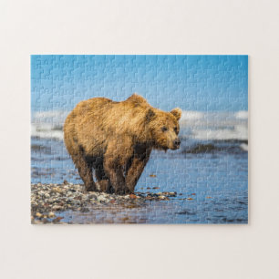 Mama bear watching her two kids jigsaw puzzle