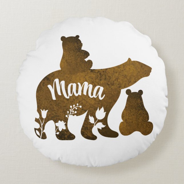 Mama Bear With 2 Cubs Mum of Two Round Cushion (Front)