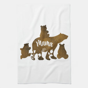 Mama Bear With 3 Baby Bear Cubs Following Mama Tea Towel