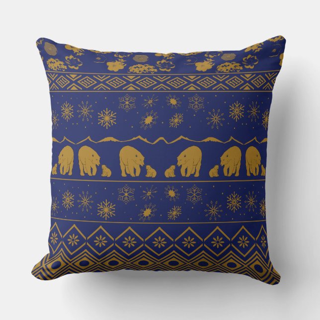 Mama  Bear with Baby Bear Pattern in Blue and Gold Cushion (Front)