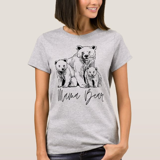 Mama Bear with Two Cubs Sketch Art T-Shirt (Front)