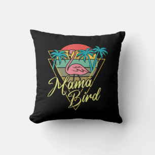 Mama Bird Flamingo Sunset Palm Tree Beach 80s Cushion