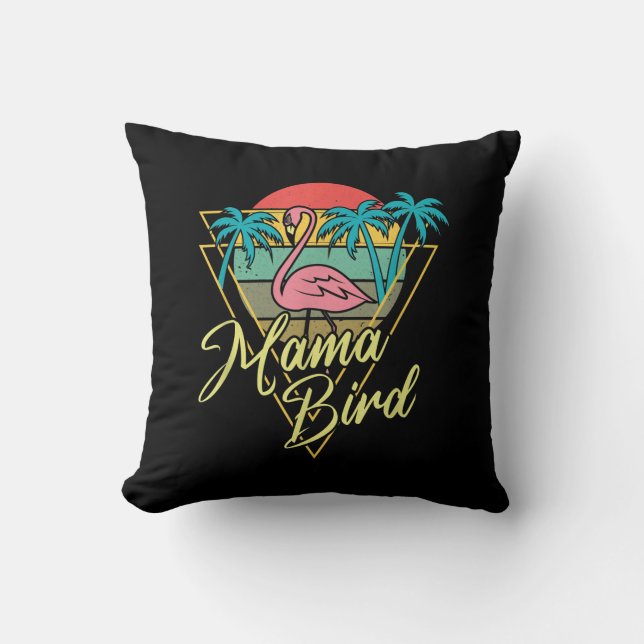 Mama Bird Flamingo Sunset Palm Tree Beach 80s Cushion (Front)