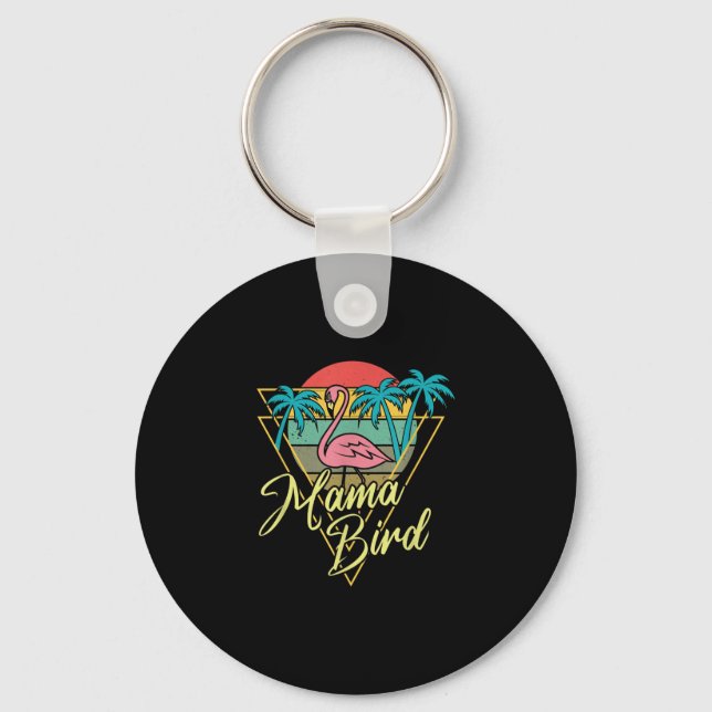 Mama Bird Flamingo Sunset Palm Tree Beach 80s Key Ring (Front)
