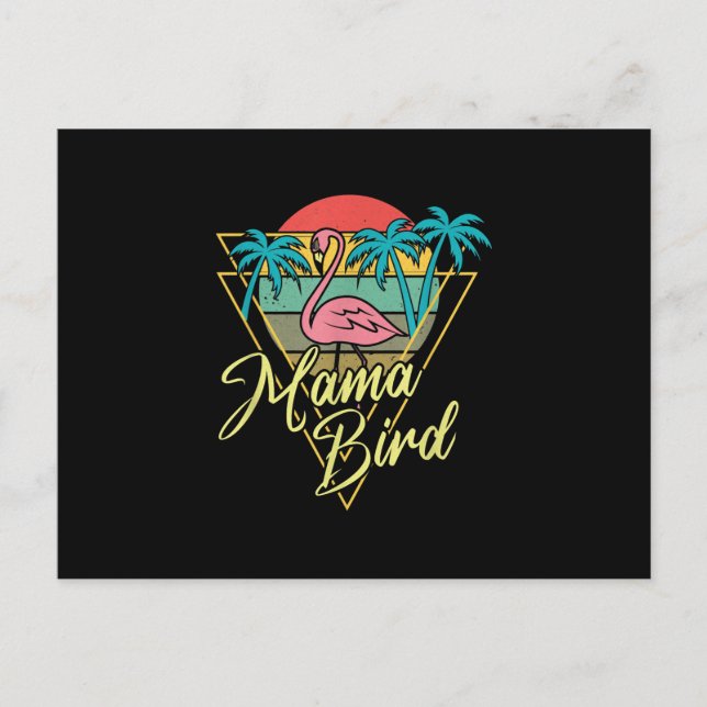 Mama Bird Flamingo Sunset Palm Tree Beach 80s Postcard (Front)